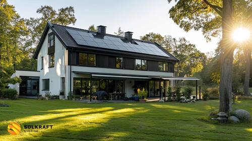 vacker bild på nyinstallerade solceller på villa