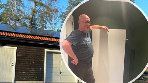Bild på solceller på tak och ett solcellsbatteri