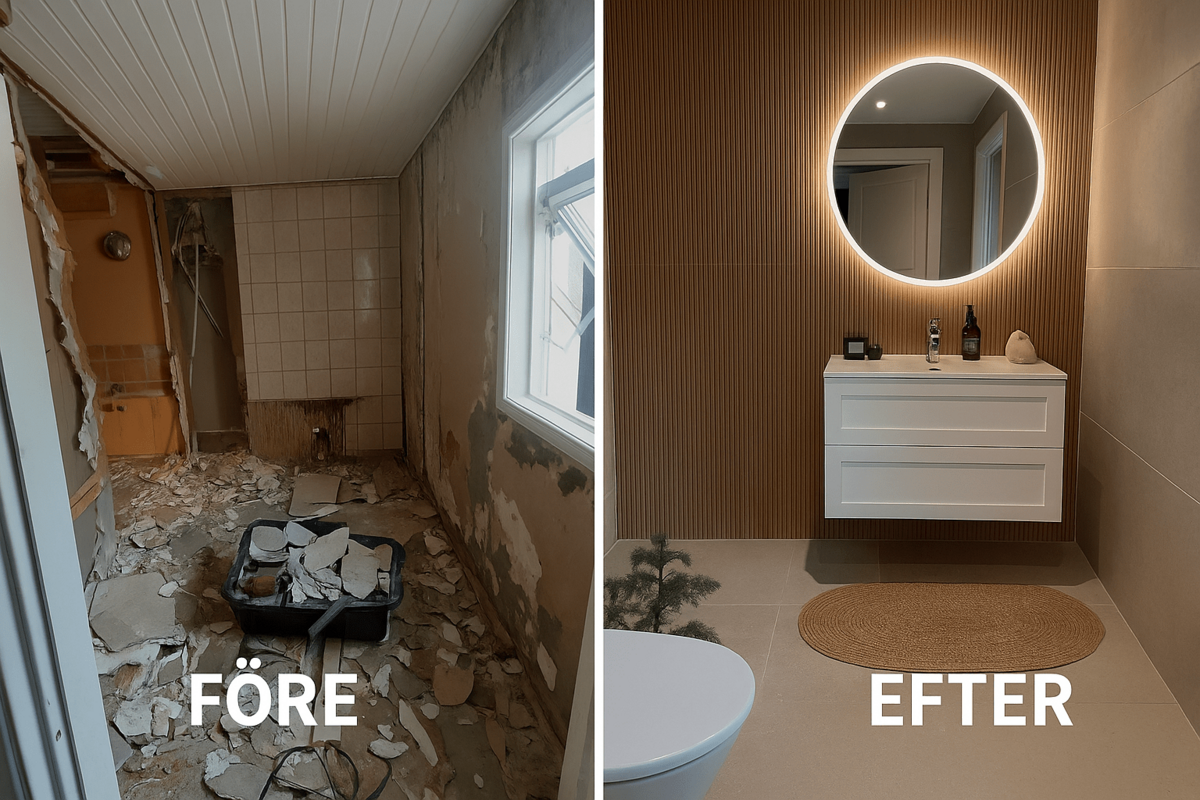 Före- och efterbild på badrumsrenovering i Sandviken – total förvandling från rivningsskede till modernt badrum med flytande kommod och LED-spegel, utfört av LA Rörsystem AB.