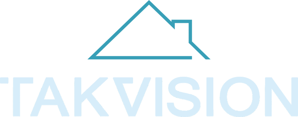 Takvision Sveriges logotyp – stiliserat hustak i blått ovanför företagsnamnet i ljusblå text.
