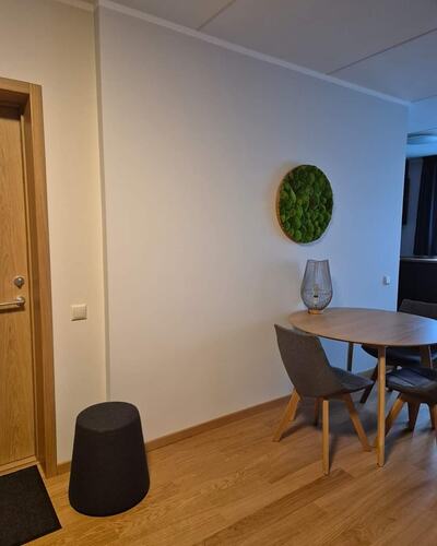 Minimalistisk entré med väggdekoration i grönt och stilren möblering