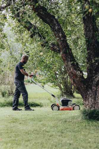 En person klipper gräsmattan med en gräsklippare i en trädgård med träd och buskar.