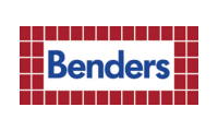 Benders logotyp i blå text med röd tegelinramning.