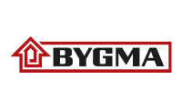 ygma logotyp i svart och rött med husikon.
