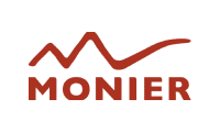Monier logotyp i rött med taksymbol ovanför texten.