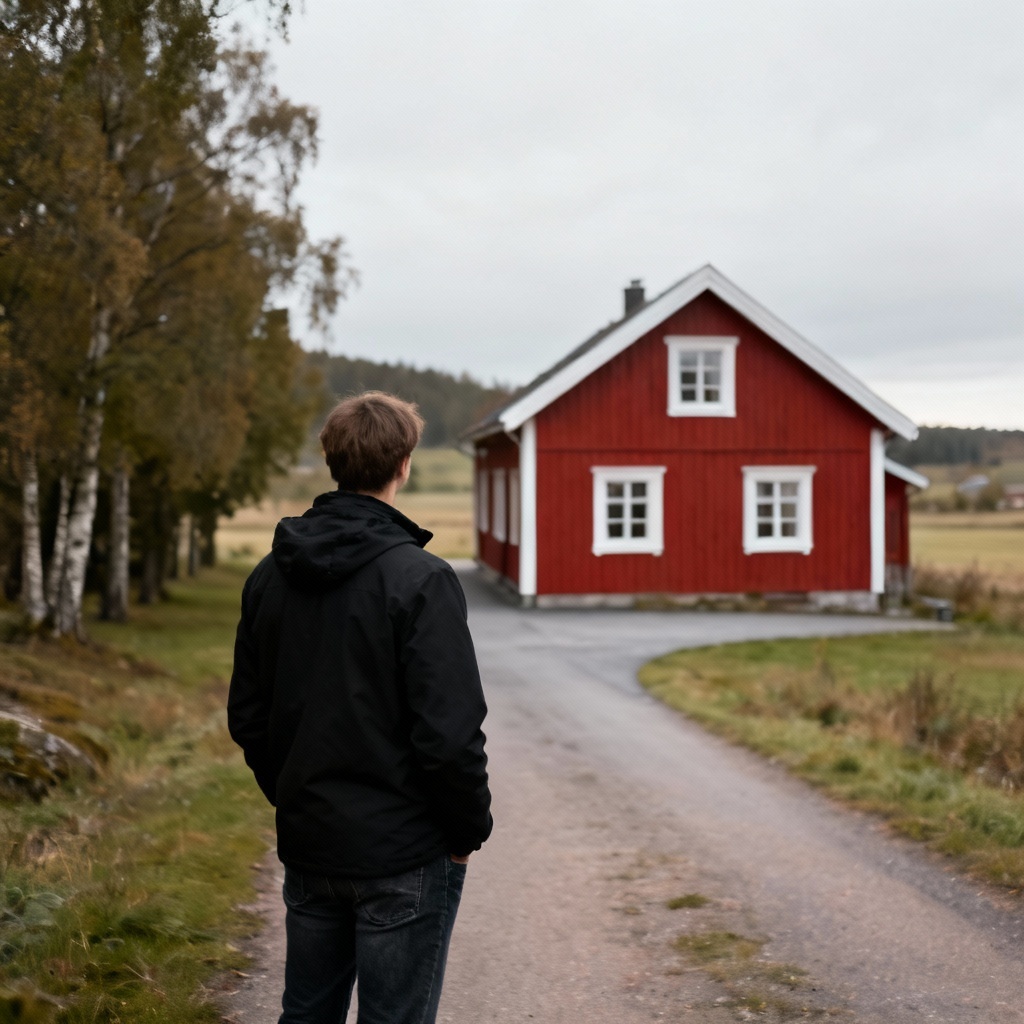 En kund som står på en grusväg och tittar mot ett rött hus.