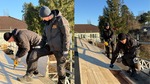 Två takarbetare från  Vimed Tak & Bygg som arbetar med plåt på ett hustak.