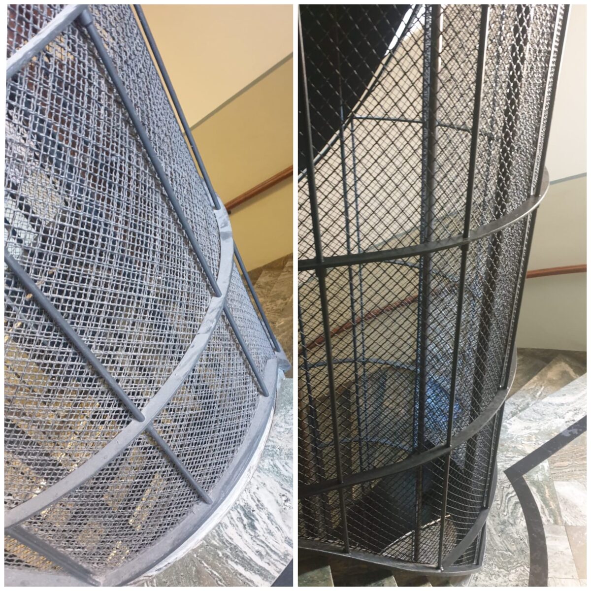 Skyddsnät och räcke i trapphus i flerfamiljshus.