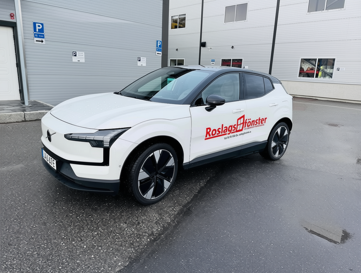 Roslagsfönster servicebil parkerad utanför industribyggnad
