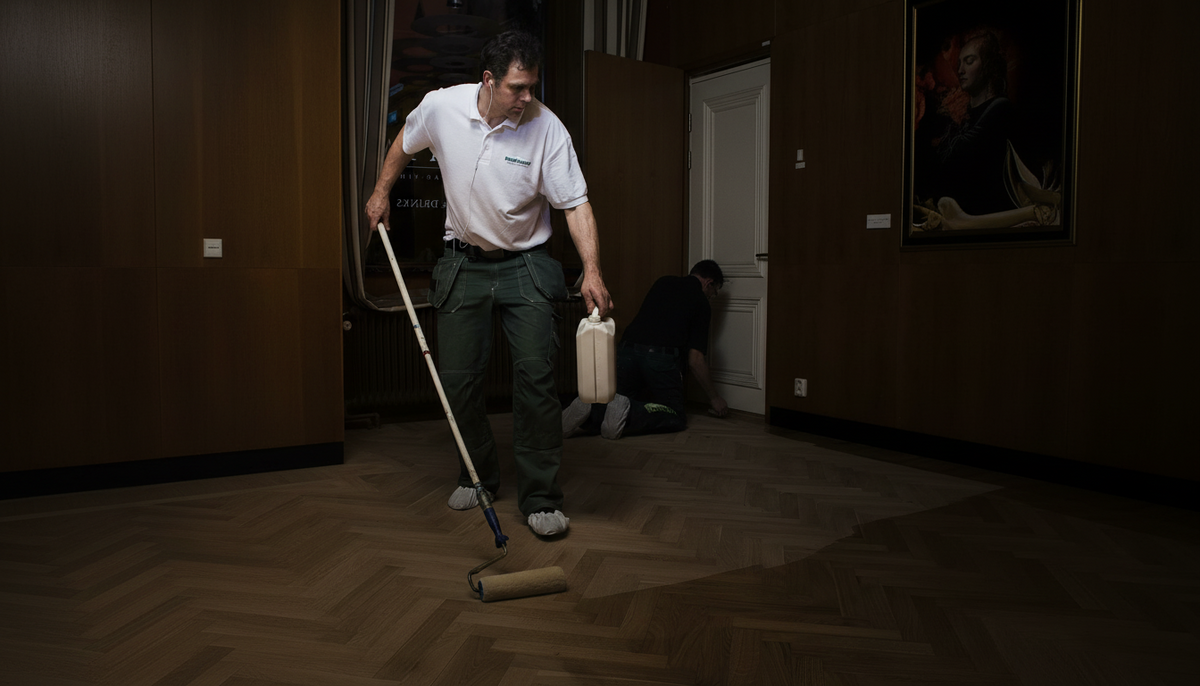 Person som behandlar trägolv med golvolja i rum.