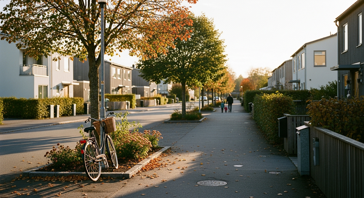 Bostadsområde med radhus och gata i lugnt villaområde