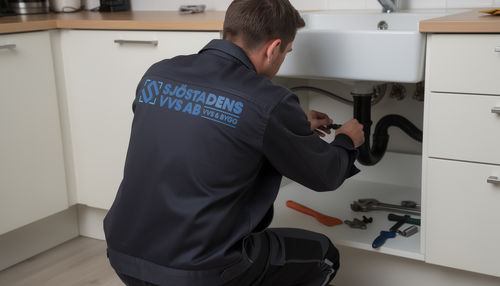 VVS-montör som installerar vattenlås under handfat