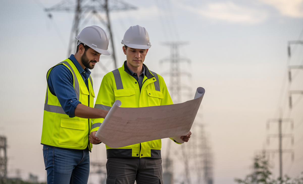 Tekniker granskar ritningar vid kraftledningsanläggning