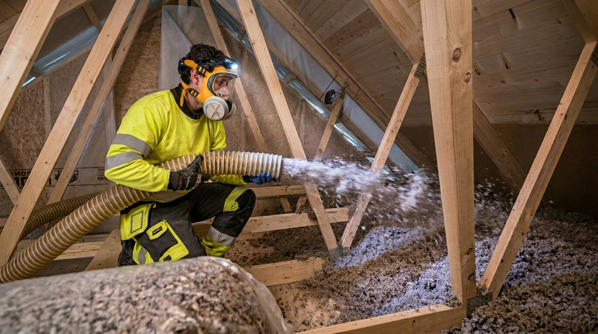 Installatör som sprutar lösullsisolering på vind i hus