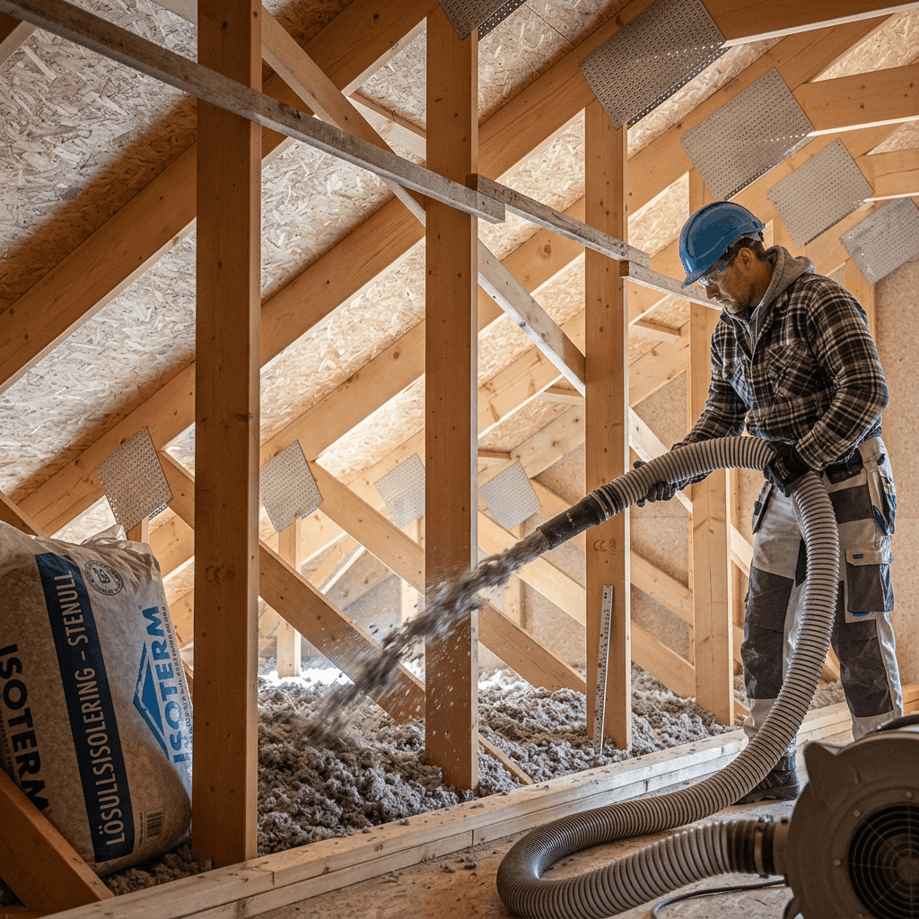Installatör som blåser lösullsisolering på vind i takkonstruktion