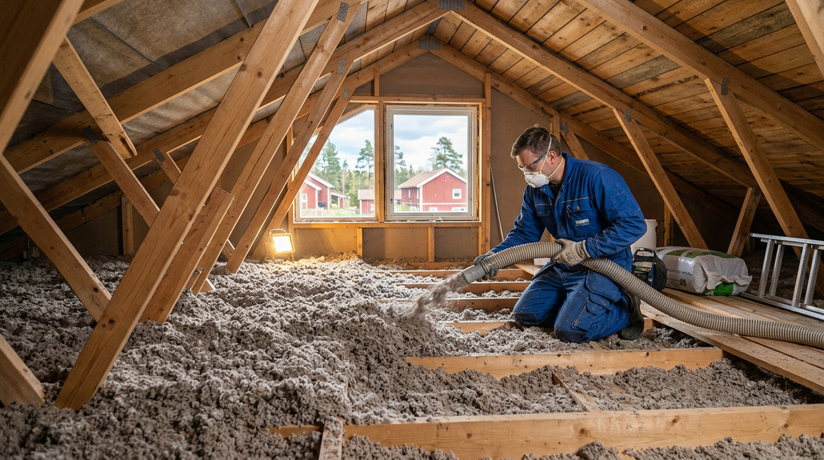 Installatör som installerar lösullsisolering på vind i bostadshus