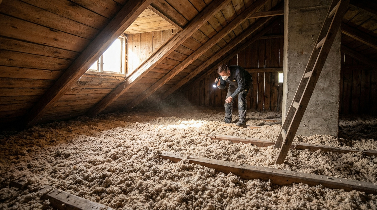 Arbetare som kontrollerar isolering på vind i äldre hus