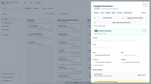 Detaljvy för ett jobb i Smart.nu med kontaktuppgifter, steg, källa, ansvarig och adress samlat på ett ställe