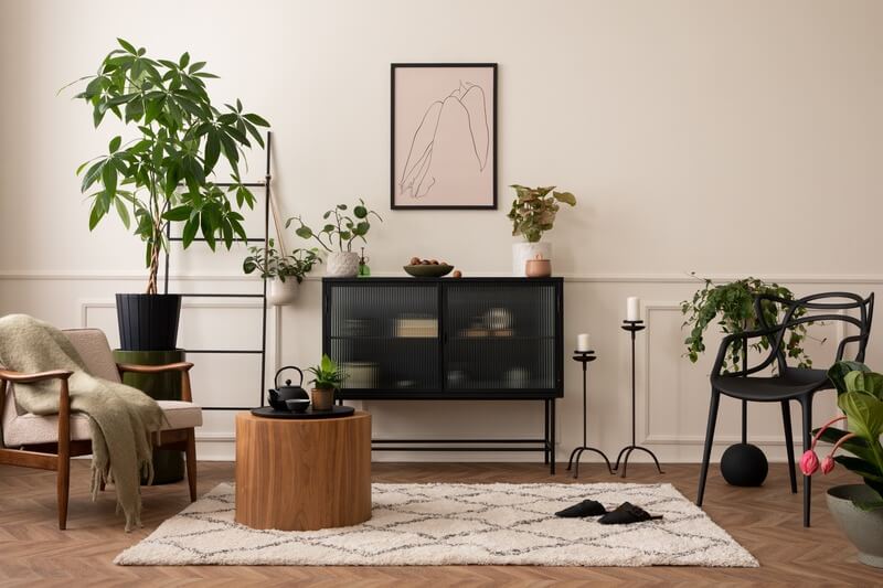 Vardagsrum med krukväxter, svart sideboard och mönstrad matta