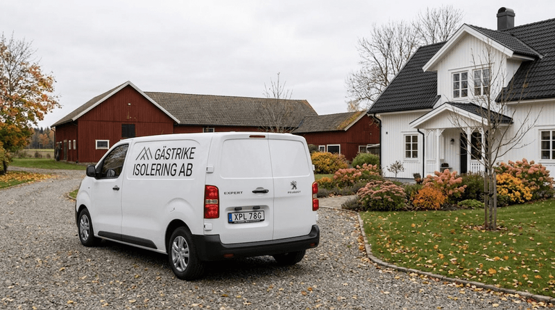 Gästrike Isolering AB:s servicebil parkerad utanför vitt villahus