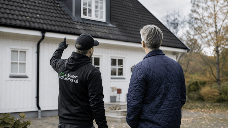 Montör från Gästrike Isolering AB diskuterar med husägare utanför villa
