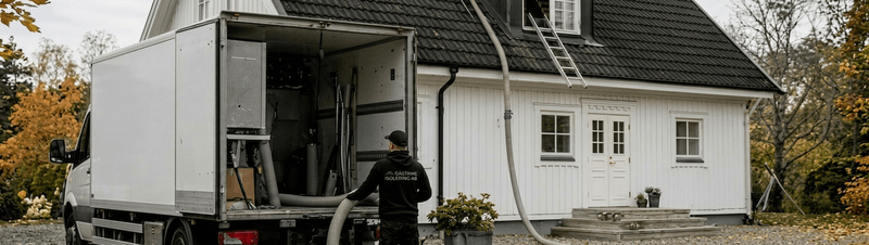 Montör från Gästrike Isolering AB drar lösullsslang från servicebil in i villa
