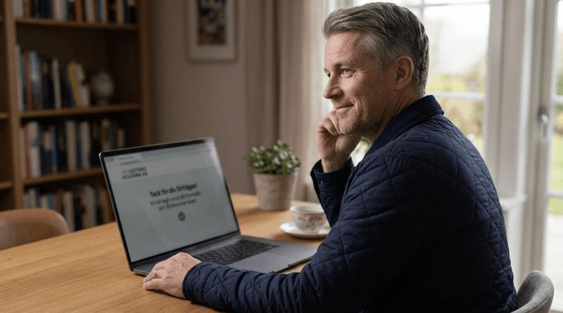 Man sitter vid skrivbord och läser på laptop i hemmet