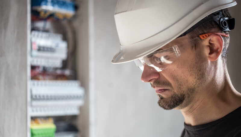 Elektriker med hjälm och skyddsglasögon inspekterar elcentral