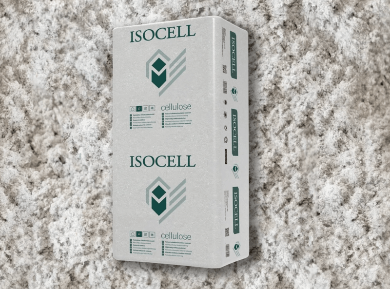 Förpackningar med cellulosaisolering från ISOCELL mot bakgrund av lösull