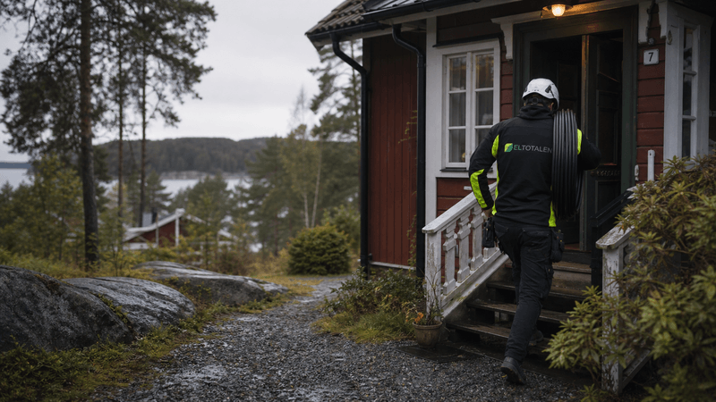 Eltotalens elektriker anländer till rött hus vid vattnet med kabelrulle