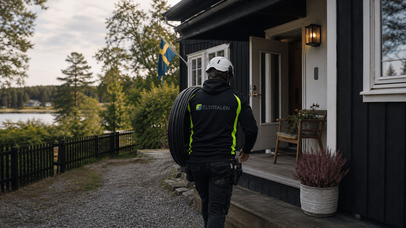 Eltotalens elektriker anländer till villa med kabelrulle