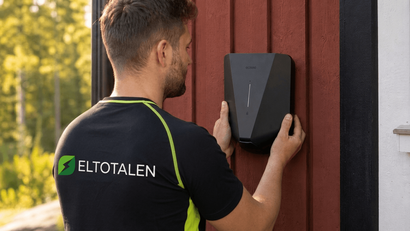 Eltotalens elektriker installerar laddbox på röd husvägg