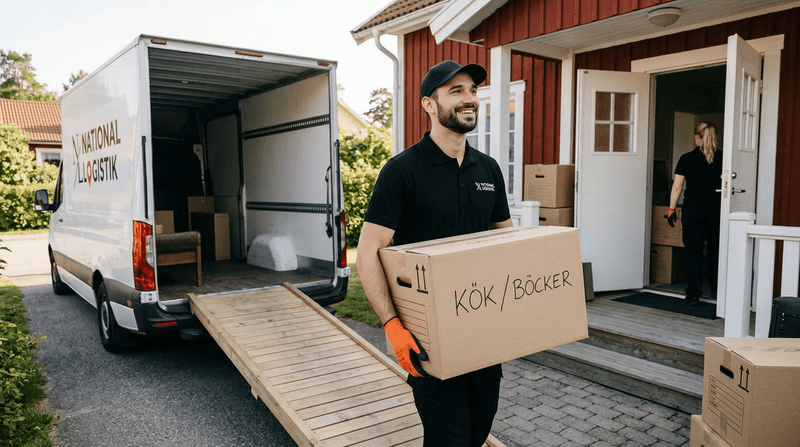 Flyttare bär flyttkartong märkt kök och böcker vid villaflytt