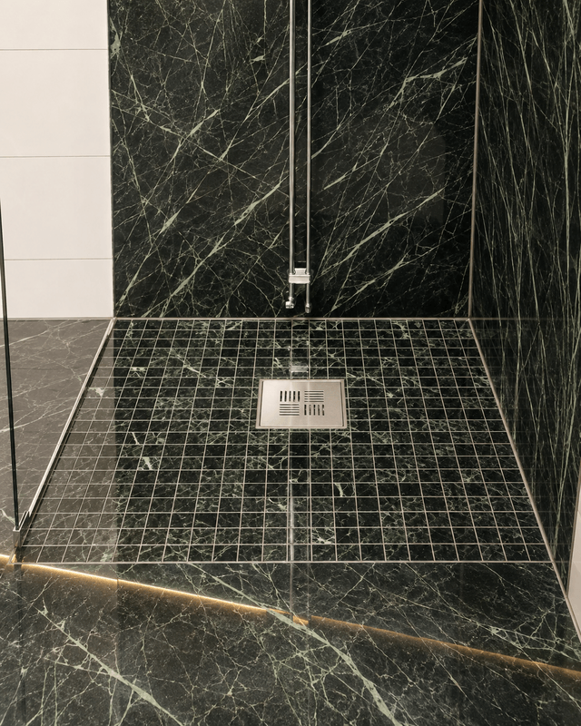 Mosaikklinker i duschgolv med golvbrunn och marmorkakel på väggarna