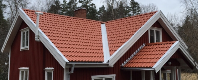 Rött hus med nytt tegelrött tak och vitmålad skorstensplåt