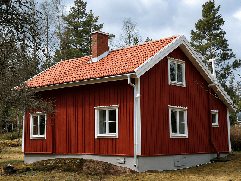 Rött trähus med nylagt orange tegeltak och vit fönsterinramning