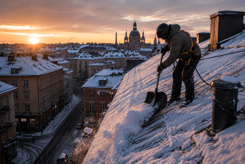 Takläggare skottar snö från brant tak i Stockholm vid solnedgång