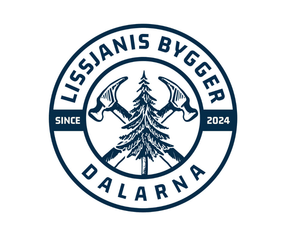 Lissjanis Byggers logotyp med gran och yxor, Dalarna sedan 2024