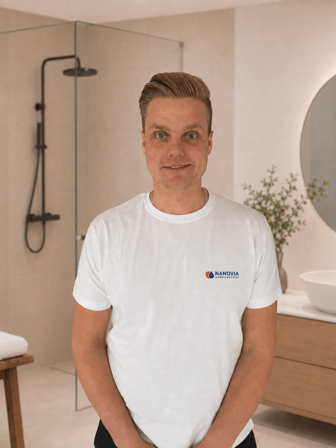 Nanovia Badrumsvård-medarbetare i modernt badrum