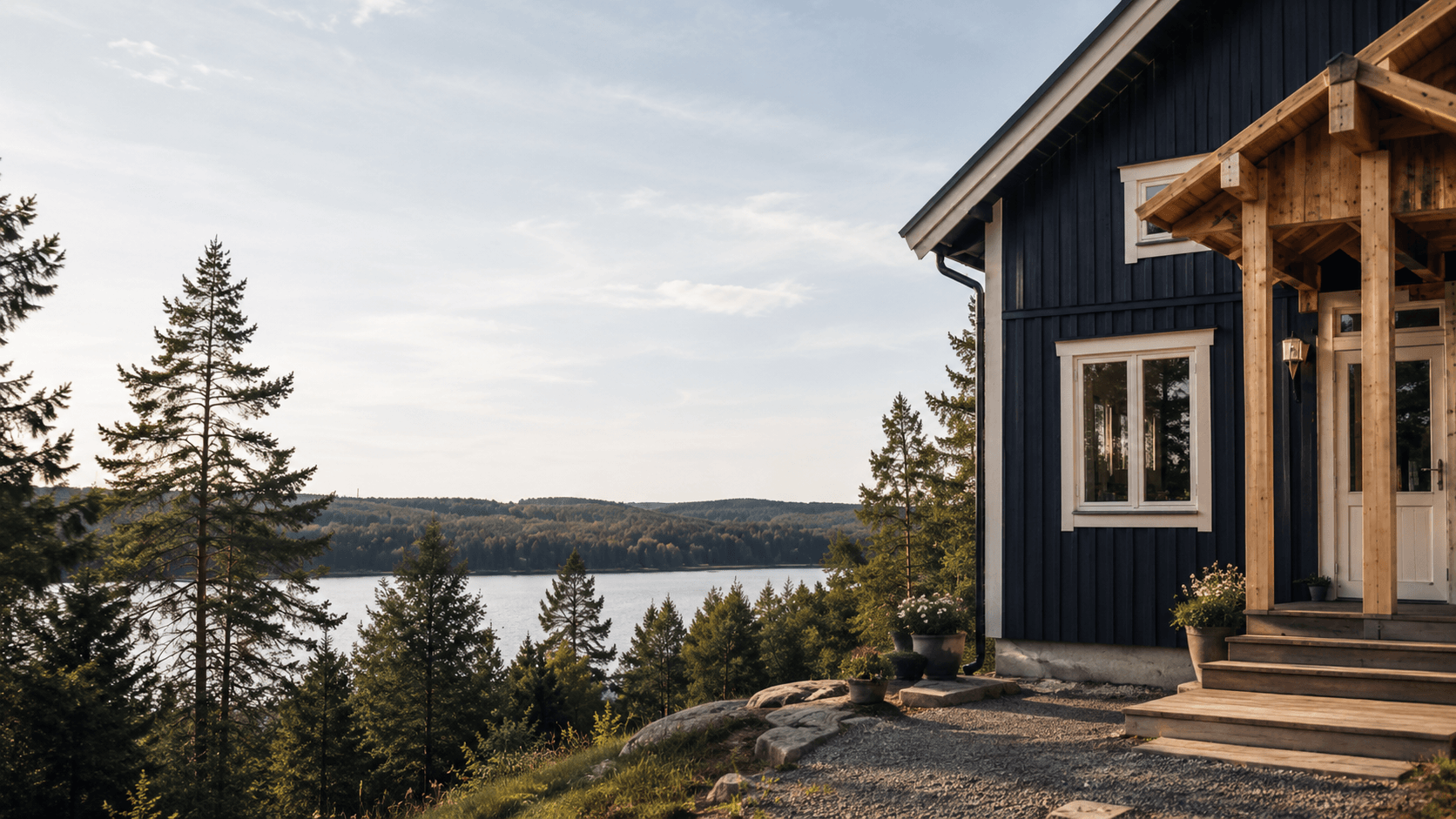 Mörkblått hus med sjöutsikt och skog i bakgrunden