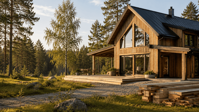 Modernt trähus med stora fönsterpartier och uteplats i skogsmiljö