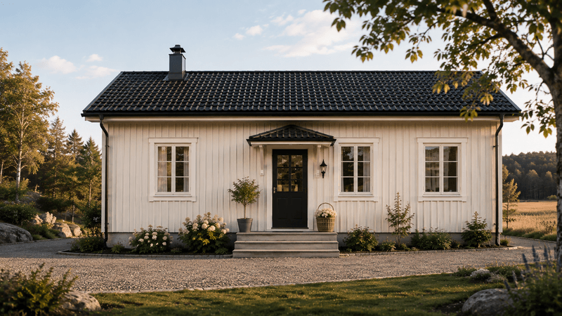 Vitt hus med svart tak och mörk dörr