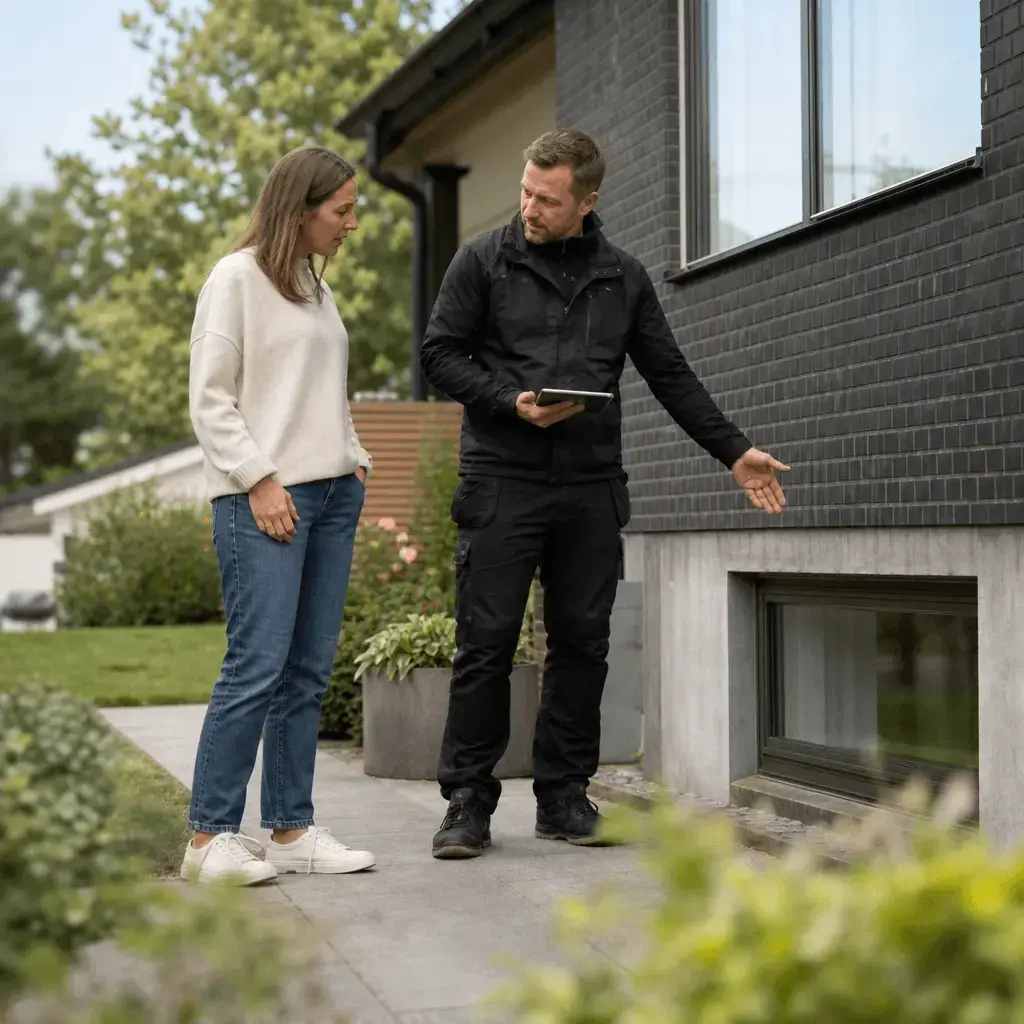 Drynex montör visar fuktmätningen för en villaägare utanför huset