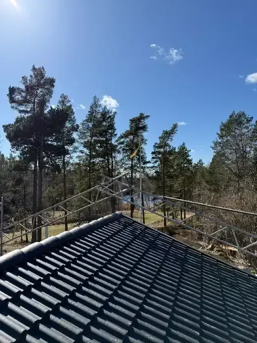 Nylagt svart tegeltak med byggnadsställning, omgivet av skog