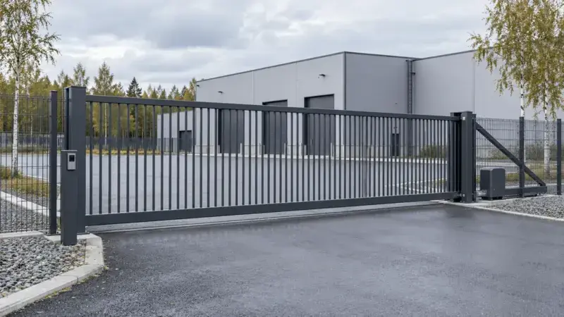 Mörkgrå skjutgrind i spjäldesign framför en industrifastighet i Sundsvall
