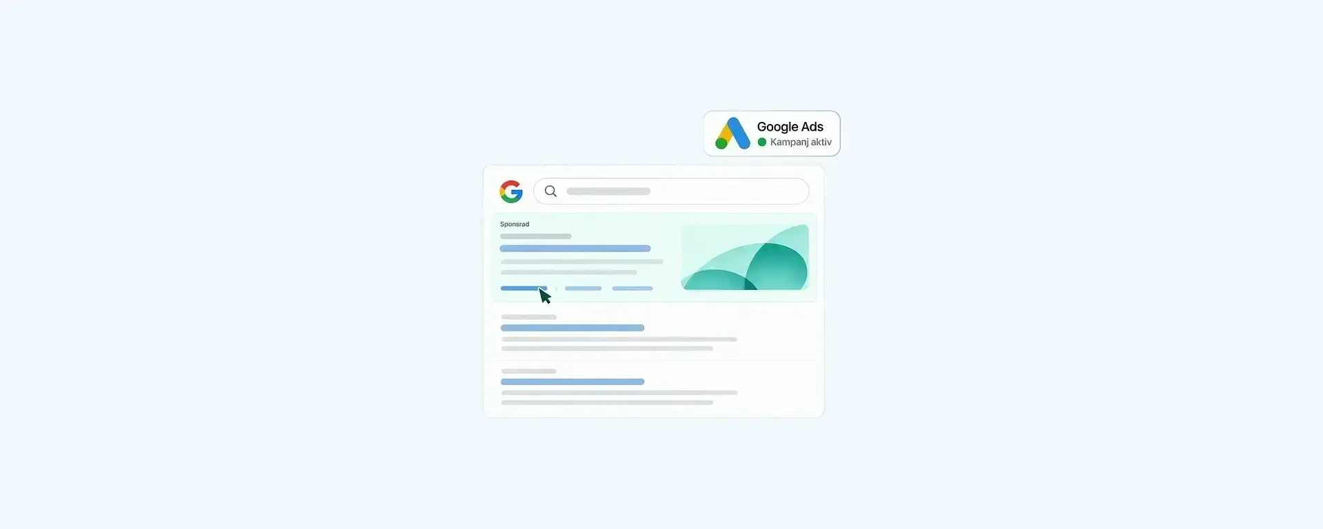Illustration av Google Ads: sökannons i Google som leder till företagets hemsida