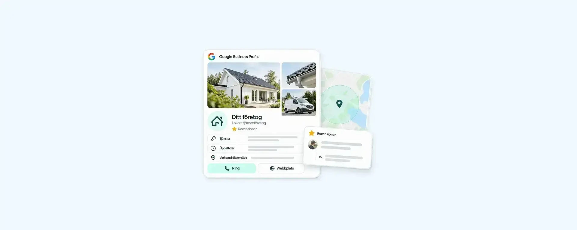 Illustration av Google Business Profile med företagsprofil, bilder, karta och recensioner