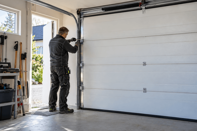 Tekniker från Montage i Västernorrland kontrollerar skenan på en garageport vid service