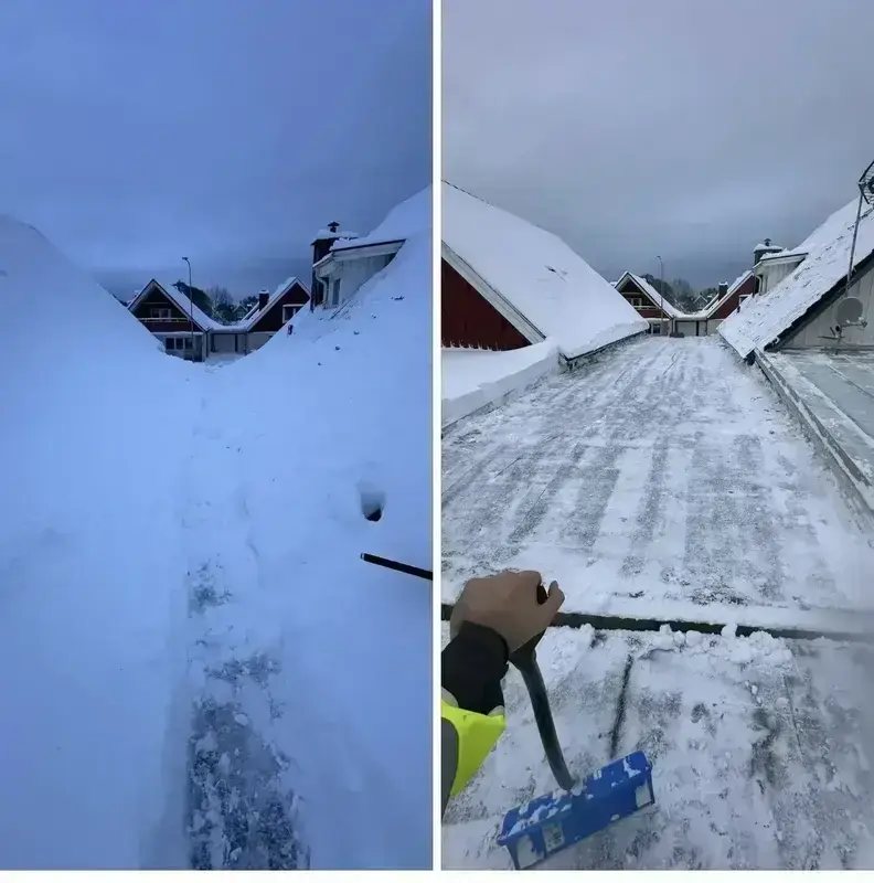 Snöskottning av tak och uppfart, före och efter, utförd av DACI Solutions