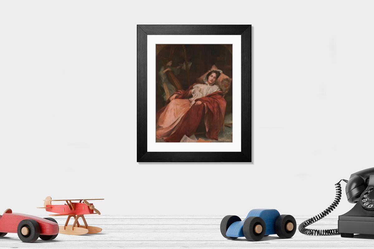 Print of a sleeping woman with a harp player in the background